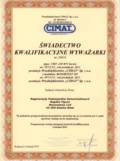 Certyfikat - świadectwo kwalifikacyjne wyważarki